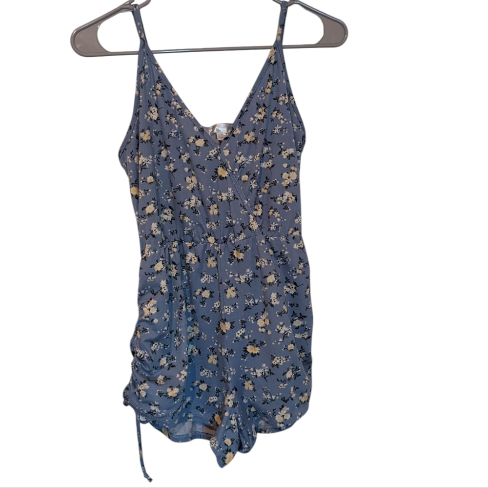 Floral Romper Blue Spaghetti Strap Drawstring Stretchy Elastic